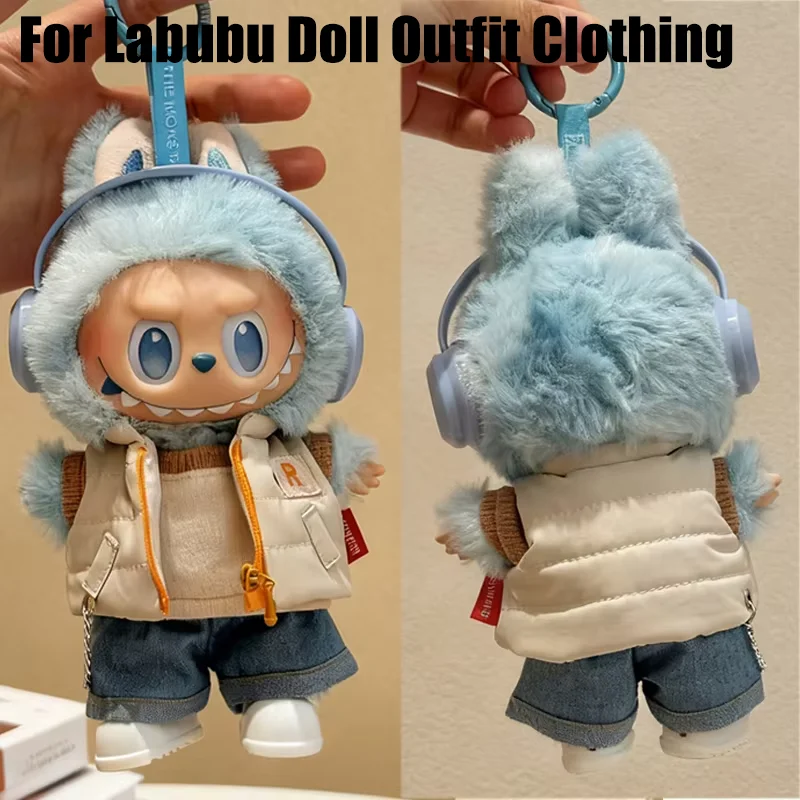 Para muñeca Labubu de 15 y 17cm, chaleco de invierno de Color sólido con zapatos, pantalones vaqueros, traje completo, ropa, camiseta con franjas de diferente Color