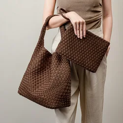 New Neoprene Leather Woven Underarm Bag Pure Hand-woven Bags Basket Design Large Capacity Shoulder Bag Commuter Classic Handbag