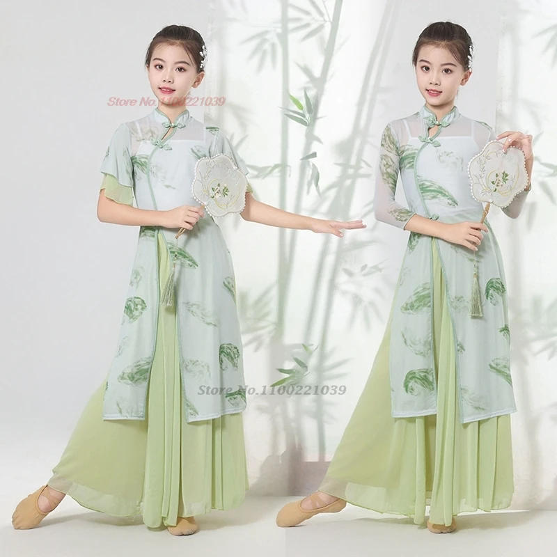 

2025 chinese folk dress traditional children vintage dance dress national flower print qipao dress+pants set stage performance