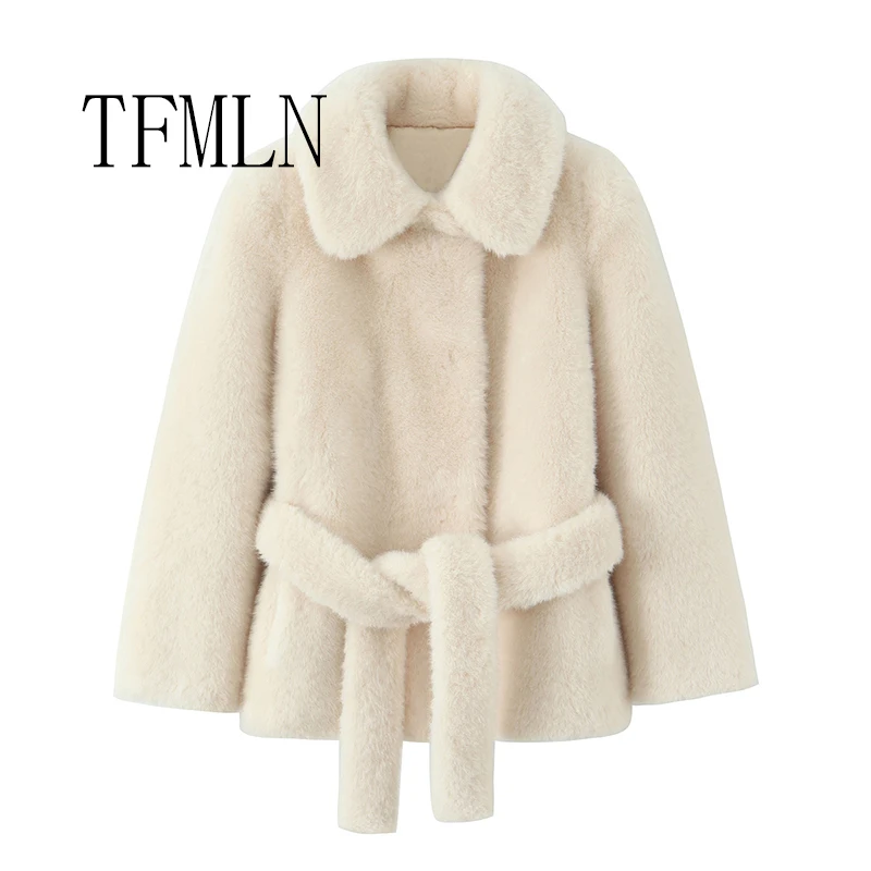 TFMLN سترات نسائية للخريف والشتاء برباط من الفرو الصناعي أنيقة وأنيقة غير رسمية معاطف شارع فاخرة دافئة #2