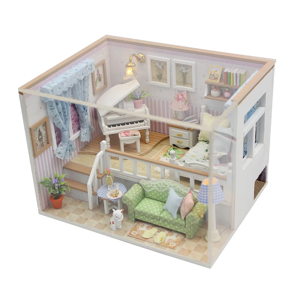 DIY 목재 미니어처 하우스 키트 - 피아노/소파가 포함된 창의적인 수제 작은 방 모델, 정교한 데스크탑 장식