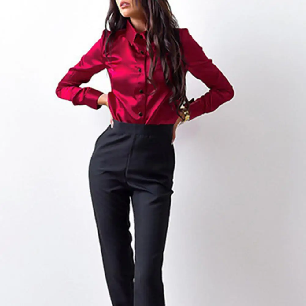 Elegant Women Top Satin Match Pants Smooth Surface Casual Lapel Lady Shirt