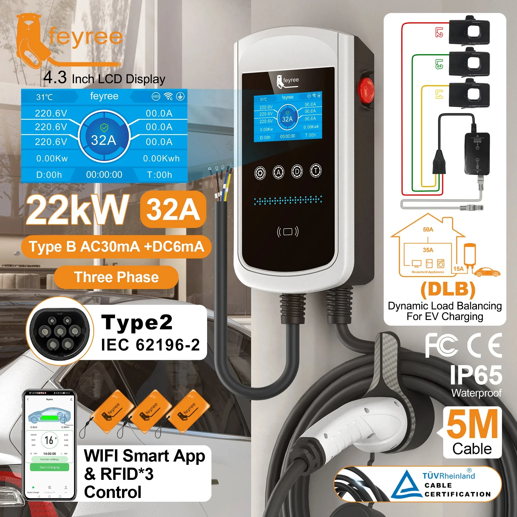 Feyree Type2 Dynamische Load Balancing 11kW 22kW 3P/32A 7kW 1P DLB EV-lader 4,3 inch scherm EVSE wandlader met oplaadlogboek - afbeelding 2