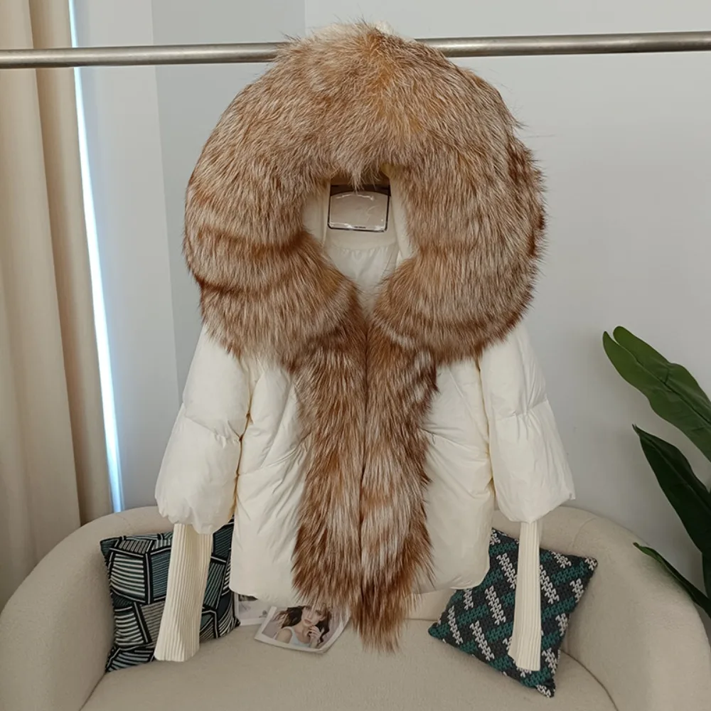 Reality Duck Down Jacket Woman Hooded Warm Loose Natural Real Fox Fur Coat Oversize Streetwear Outerwear Thick Winter Jacket