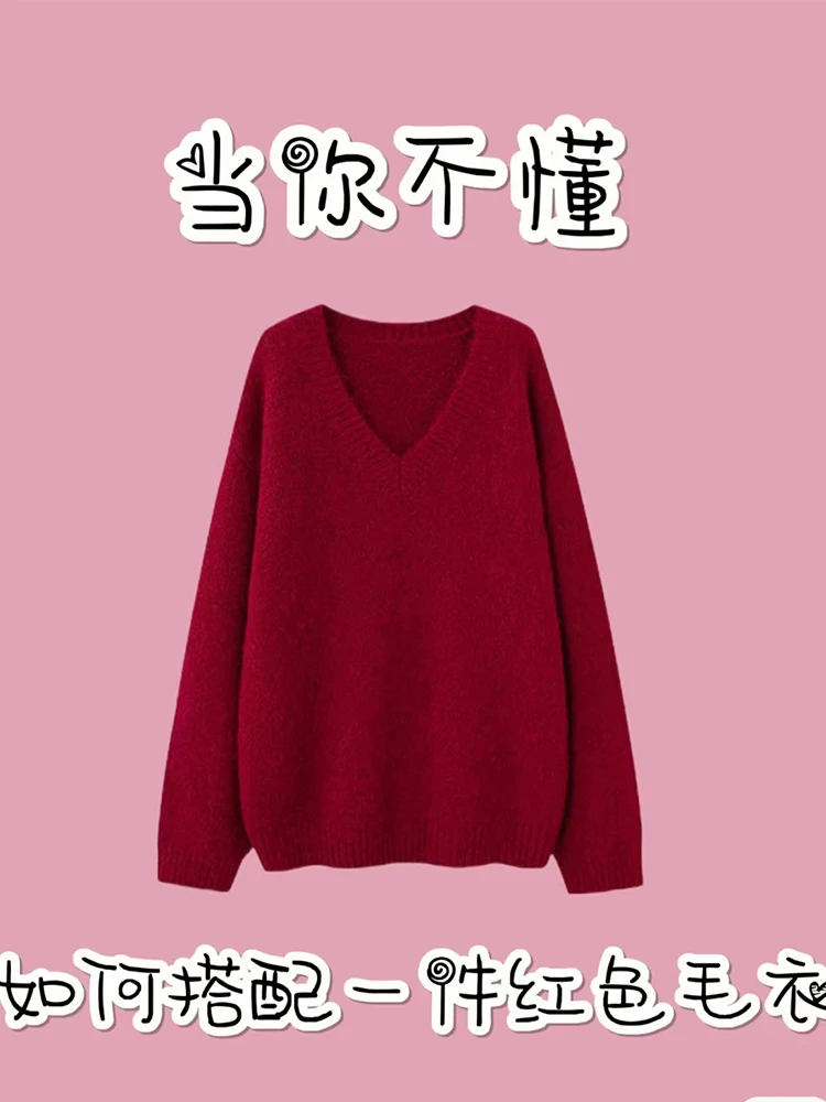 

Women's V-neck Loose New Year Angola Red Imitation Wool Knitwear Pullover Winter New Simplicity Casual French Lazy Style Sweater