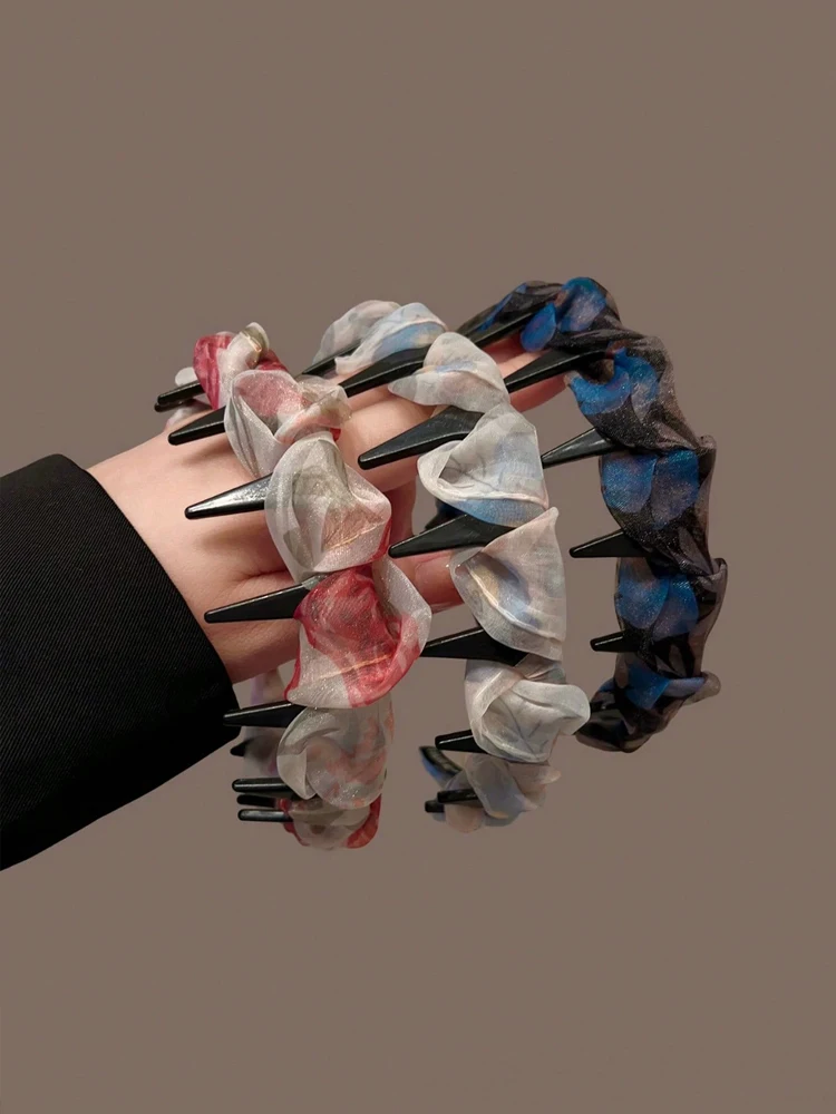 1 Stück bedrucktes, plissiertes Netz-Haarband, rutschfestes Haarband mit gewelltem Zahnkamm, multifunktionales, modisches Haar-Accessoire – Detail 2