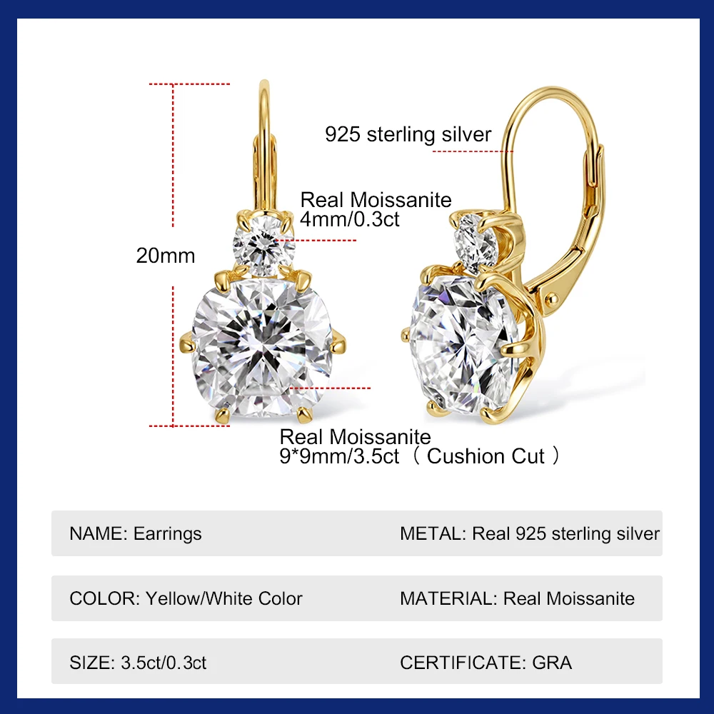 Brilliant 3.5CT Cushion Cut Moissanite Hoop Earring 925 Sterling Silver Leverback Earrings for Women Luxury Wedding Fine Jewelry