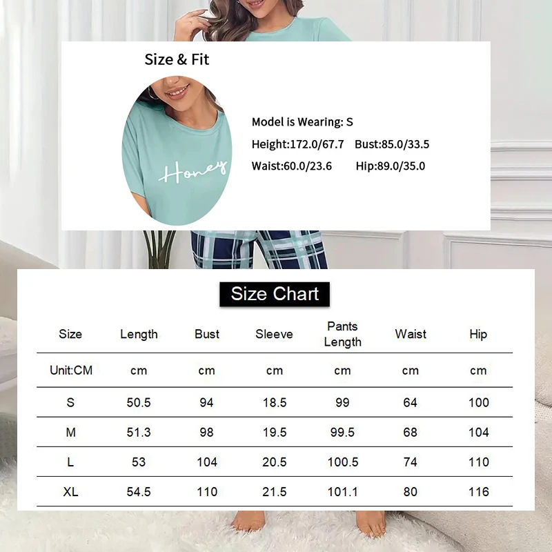 Women\'s round neck pajama set with letter printed short sleeved top and checkered pants casual soft and comfortable pajamas