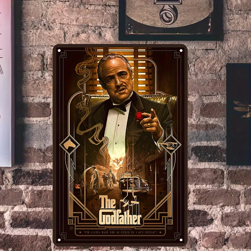 , Godfather Vintage Metal Tin Sign, , Classic Movie Theme Wall Art, Pre-Drilled Weatherproof Iron Decoration, Suitable for Home,