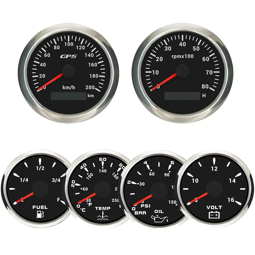

85mm Auto GPS Speedometer/RPM Tachometer LED Backlight Measures Fuel Level Oil Pressure Water Temp Volts for Cars RVs 12V Black