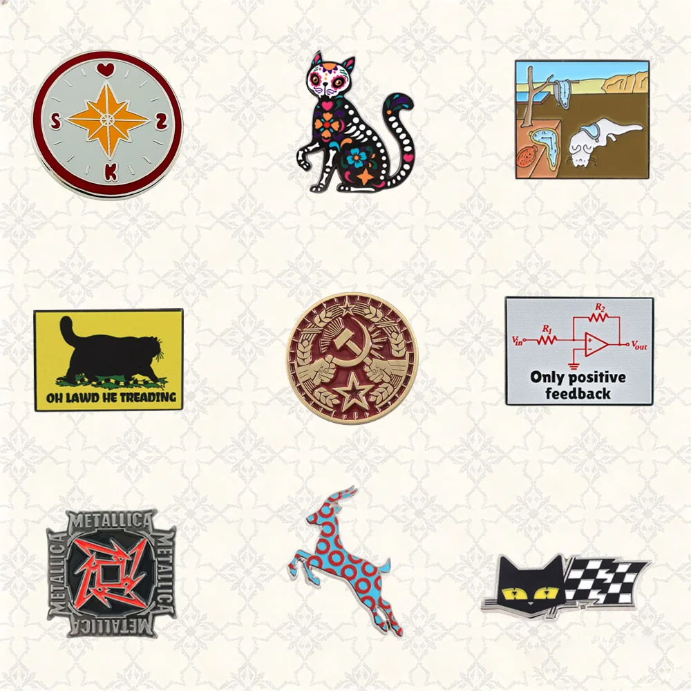 Cute Black Cat Racing Checkered Flag Trendy Brooch Retro Love Compass Enamel Pin Rock Band Metal Badge Backpack Accessories Gift