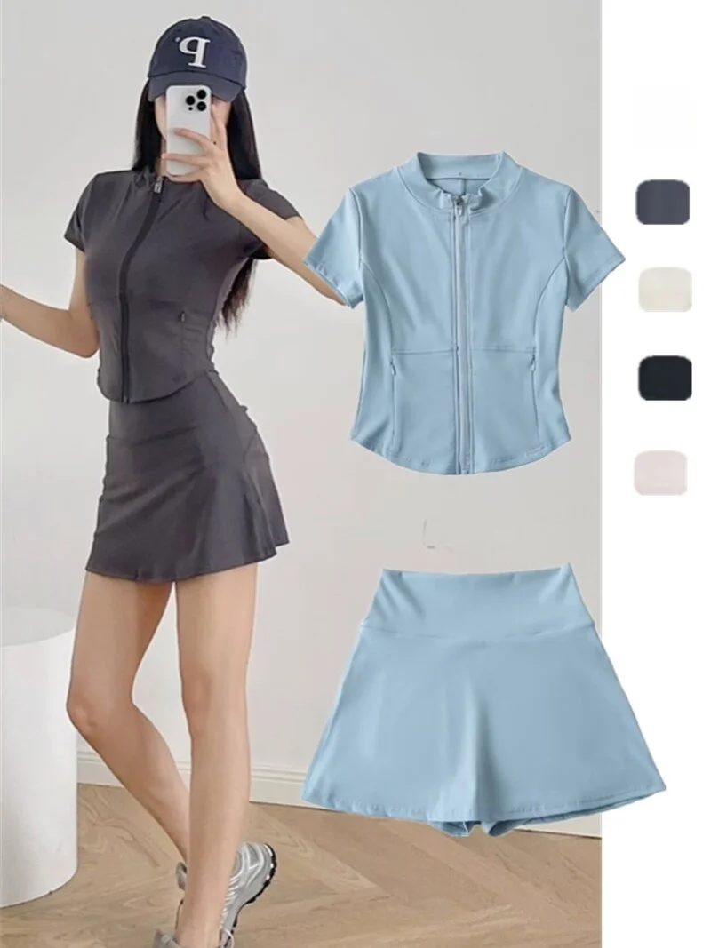 

Удобная одежда для йоги Qui-Dry, женская футболка на молнии и спортивная юбка, комплект из двух предметов, облегающий летний модный комплект