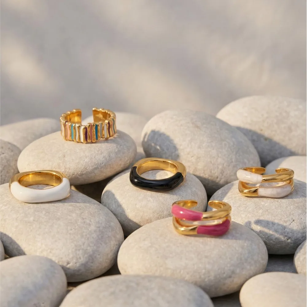 Colorful Enamel Rings Square Keeper Ring 18k Gold Plated Sparkling Zircon Hug Rings Stainless Steel Layered Open Ring for Women