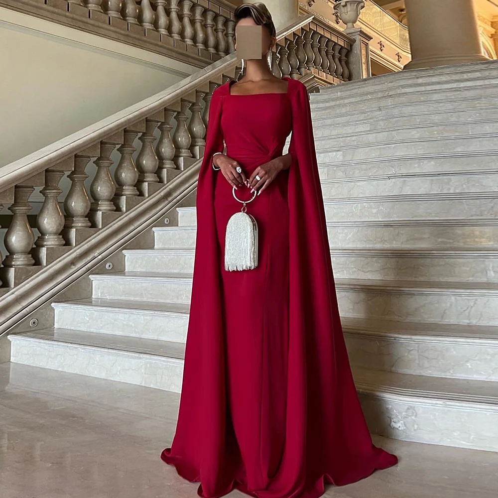 

Formal Special Occasion Dresses Saudi Arabia Jersey Sheath/Column Prom Dress Burgundy Square Neck Cloak Sleeves Party Gown Long