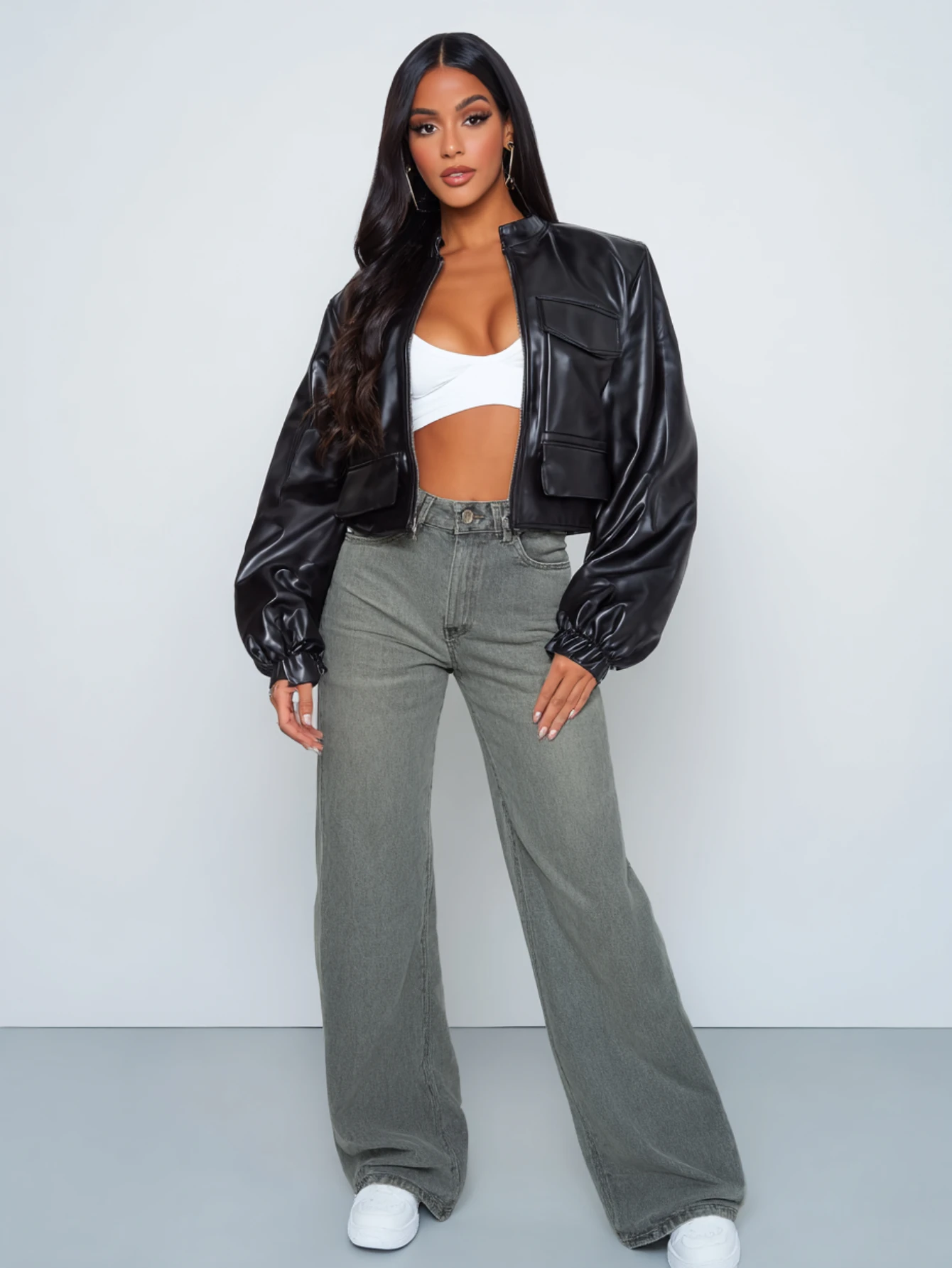 

Mia Muse Boutique Autumn Jackets 2025 Women's K-Fashion Cool Plain Long Sleeve Crew Neck Fitting Slim Streetwear Jackets