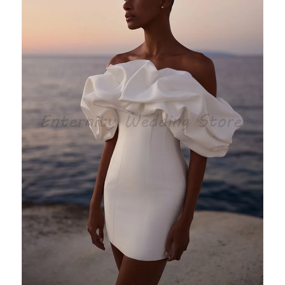 

White Off Shoulder Mini Wedding Dress Women 3D Ruffles Short Bridal Gown Satin Bodycon Formal Cocktail Party Dress