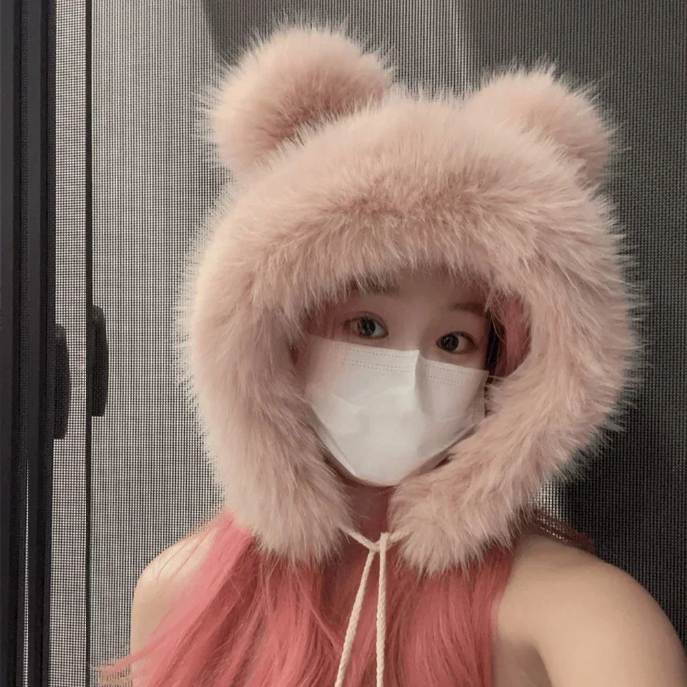 Women Cute Bear Ear Kawaii Fox Fur Hat Imitation Mink Plush Winter Warm Thickened Japanese Bomber Hat Ear Protection Cosplay Cap