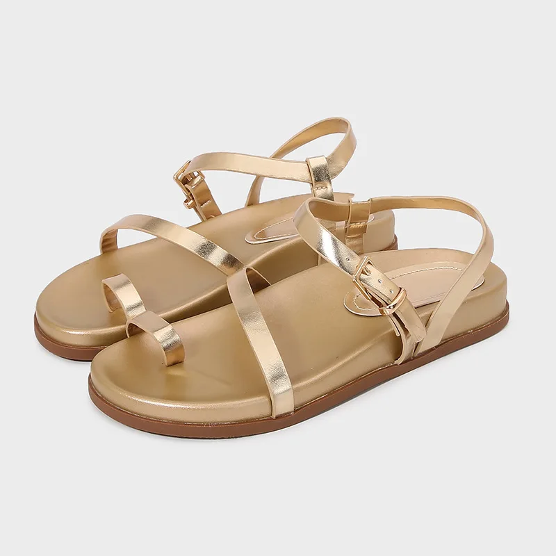 

women's shoes 2024 summer new arrivals: gold metallic thong sandals, fashionable thin strap flat roman sandals, women's platform