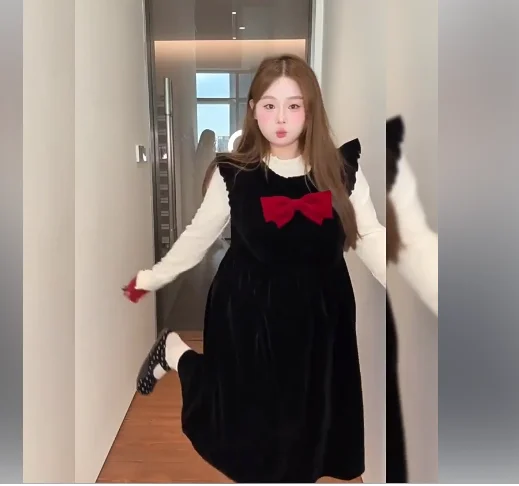 الخريف النساء السود الفرنسية حجم كبير فساتين بلا أكمام موضة عالية الخصر ألف خط تنوعا الحد من العمر القوس طاقم الرقبة فستان #6