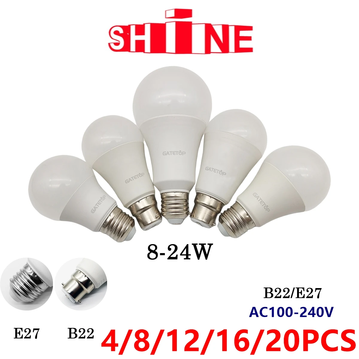 Bombilla Led de conservación de energía, lámpara E27 B22, potencia Real, 8W-24W, sin estroboscópico, luz blanca cálida, 4-20 piezas, AC110V/AC220V