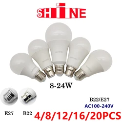 Lâmpadas LED de poupança de energia, poder real, luz branca quente, sem estroboscópio, ac 110v, ac 220v, 8w-24w, e27, b22, 4-20pcs