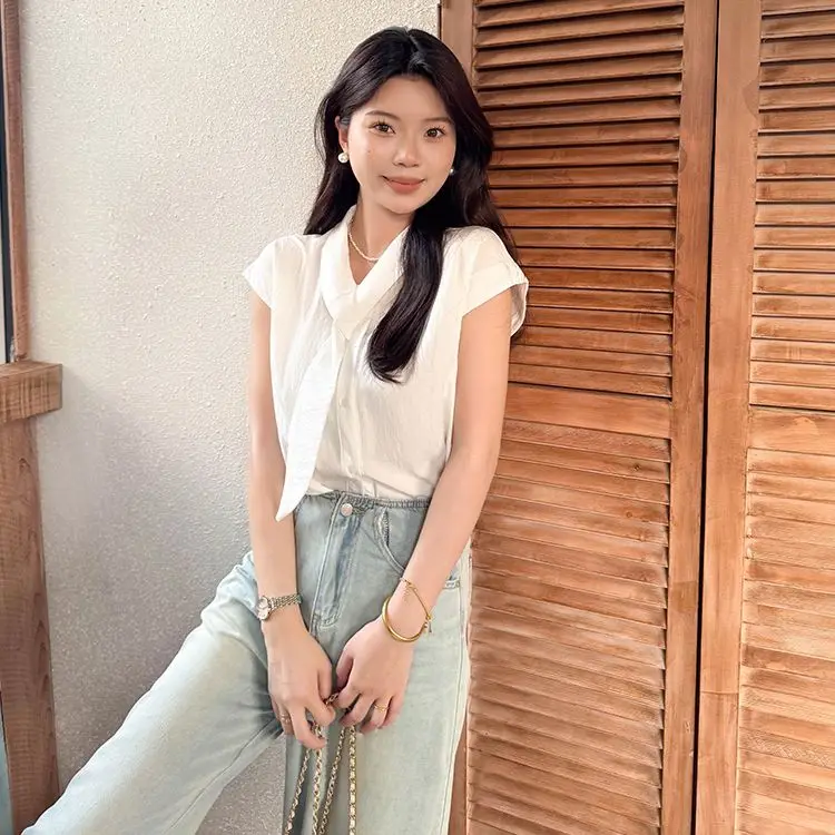 White Sash Short Sleeve Loose Women's Shirt Summer Small Size Elegant Flying Sleeve Top French Style Universal Fit Polyester