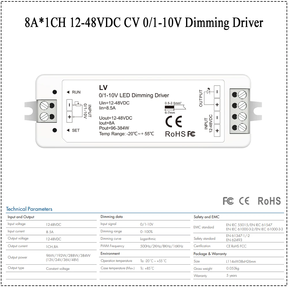 CENFAYA 0/1-10V Dimmer 1CH 8A Dimmable Switches Driver 1 Channel 0-10V Constant Voltage LED Dimmer PWM 5-36V for LED Strip Light