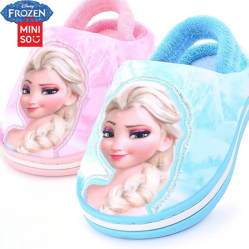 

Miniso 2025 Disney Girls Slippers, Lace-Up Cartoon Warm House Shoes for Kids Princess Non-Slip Design