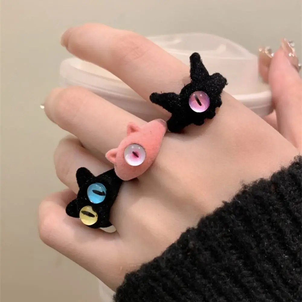 Cute Cat Demon Eyed Flocked Ring for Women Girls Colorful Monster Eye Finger Rings Fashion Jewelry