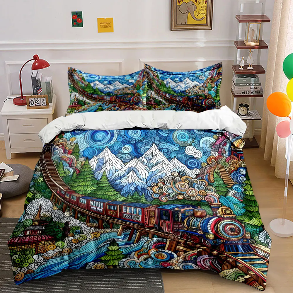 Colorful Mountain Train Artwork Set Multiple sizes kid's and adults' bedroom Exquisite 3PC bedding set, gift