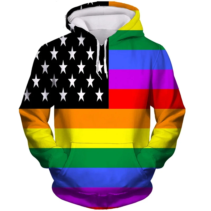 Rainbow Colors Stars 3D Printing Hoodie For Men Striped Design Drawstring Pullover Sweatshirt Sports Casual Oversize Hooded Coat