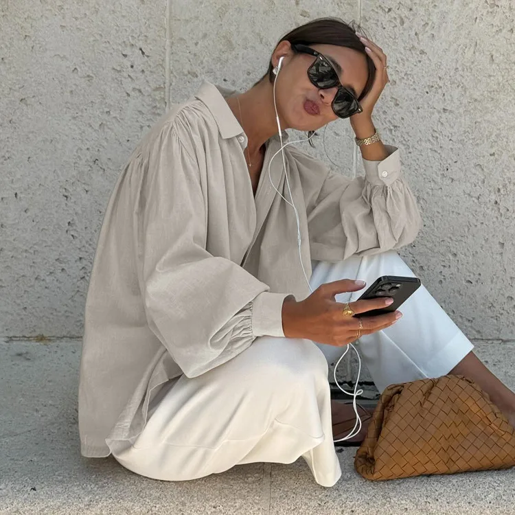 2026 Casual Lapel Long Sleeve Shirt Elegant Classic Solid Tops Female Clothing Fashion Loose Khaki Cotton Women's Blouse