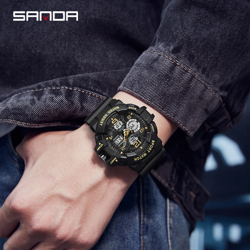 SANDA Men Analog Digital Watches Sports Military Multi-Function Wristwatch Waterproof Shock Resistant Man Quartz Watch Relogio