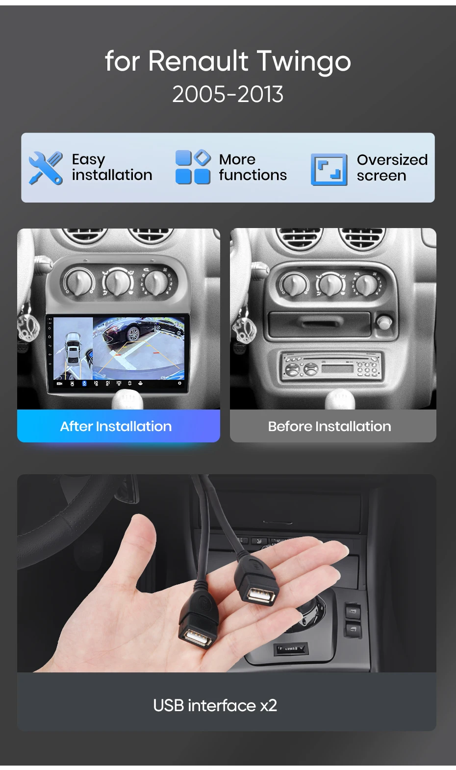 Junsun Kabelloses CarPlay Android Auto Autoradio für Renault Twingo 2005-2013 2 DIN Multimedia-Stereoanlage mit integriertem Kühlventilator, GPS-Navigation, SWC, Bluetooth, FM, RDS, DSP, IPS-Bildschirm, intelligenten Fahrzeugsystemen, 4G, WiFi, 8-Kern-Prozessor – Detail 2