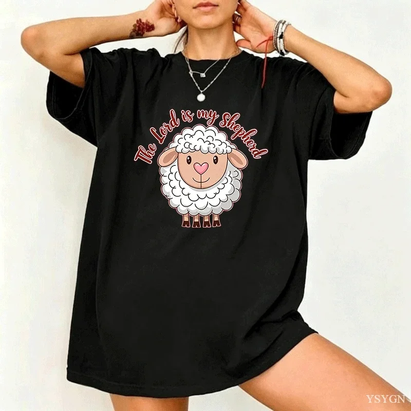 Women Oversized T Shirt The Lord Is My Shepherd Floral Sheep Bible Verse Graphic Crew Neck Short Sleeve Loose Faith Womens Tops