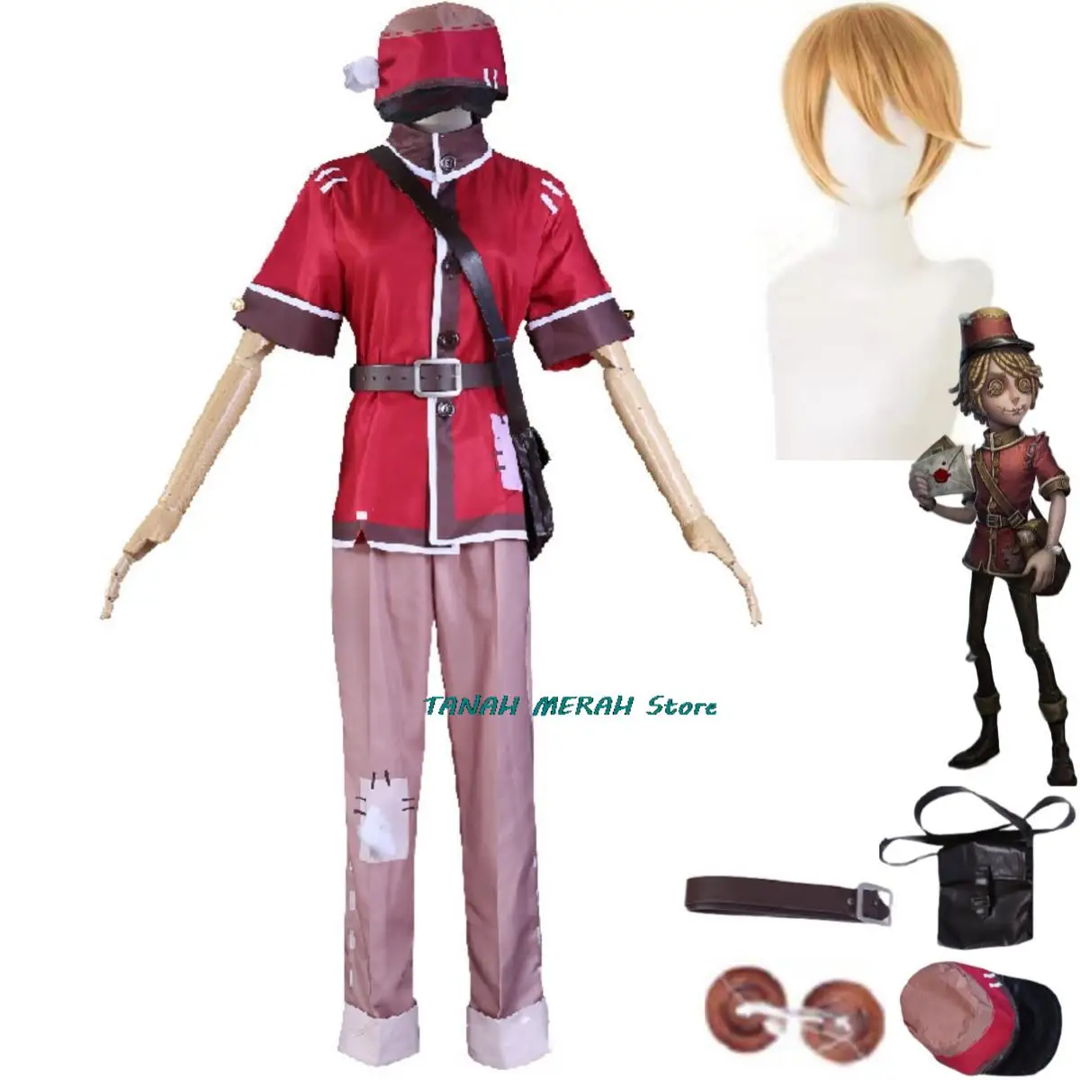 Cosplay com peruca para homens e mulheres, identidade de jogo, carteiro, Victor Grantz, roupa vermelha, conjunto completo, traje de carnaval e Halloween