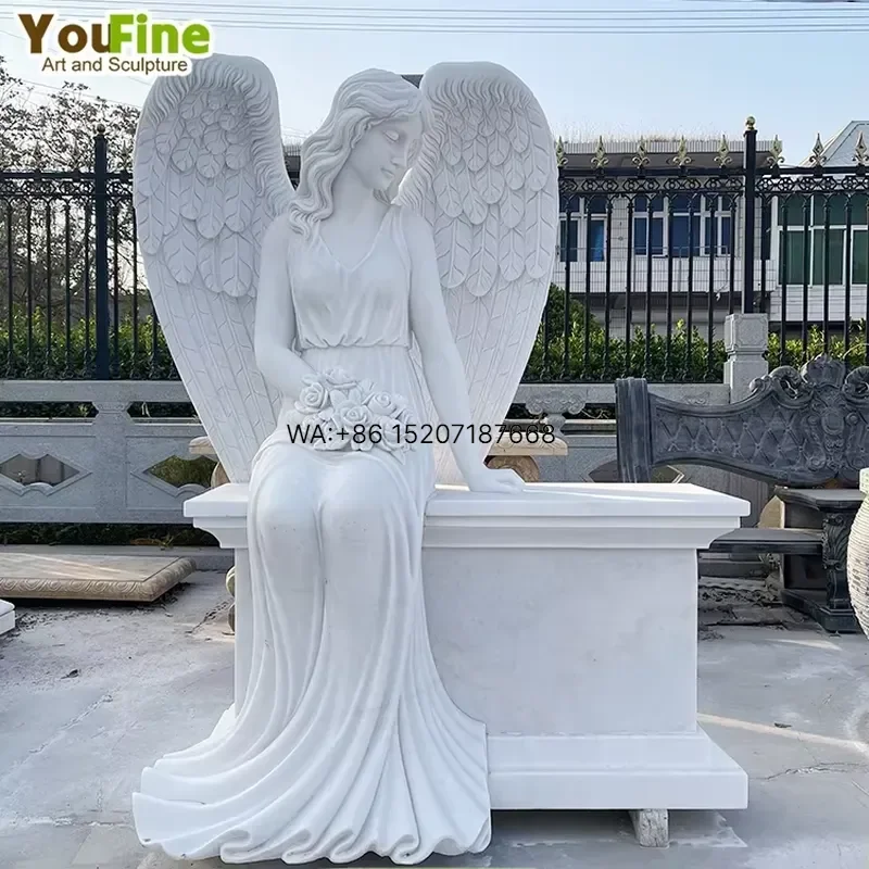 Wmwmnu Customized Size Natural White Marble Sitting Angel Headstone Tombstone for Grave Memorial