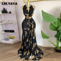 CM.YAYA Women Halter V-neck Backless Floral Sleeveless Ruffles Ruched Maxi Long Dress 2025 Vacation Sexy Party Evening Dresses