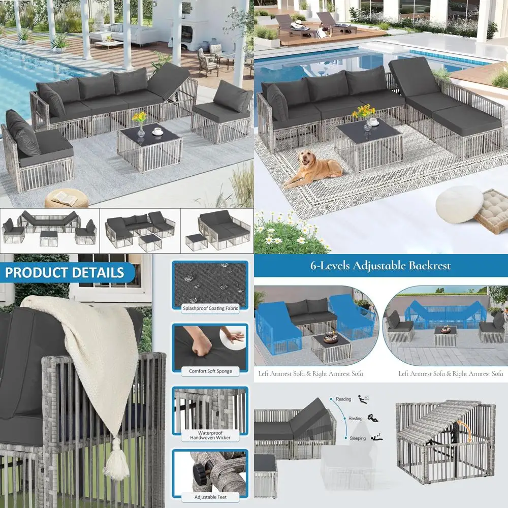 

Gray Wicker Outdoor Patio Sectional Sofa Set with Cushions and Adjustable Backrest