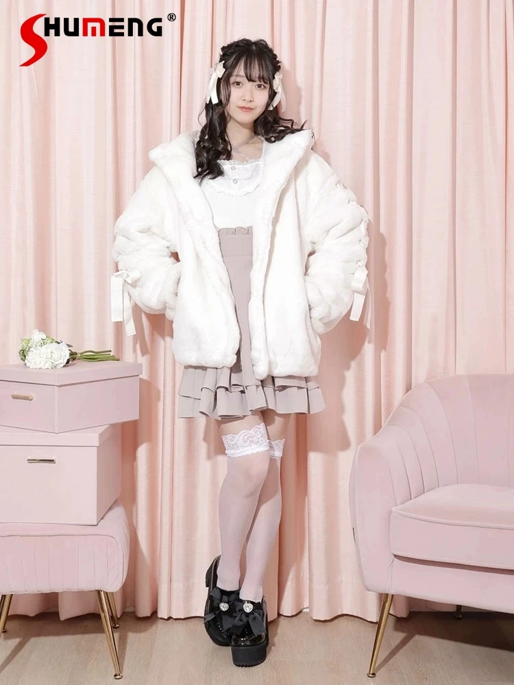 

Japanese Mine Lolita Plush Jacket Autumn Winter Girls Woman's Warm Thickened Sweet Cute Kawaii Bunny Ears Faux Fur Jacket Coat