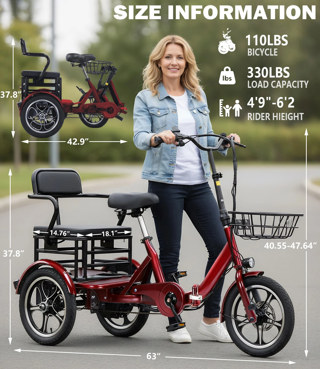 

BROOBEY Folding Electric Two-Seater Tricycle Peak 750W 48V 15Ah Outdoor Electric Tricycle 20”x 4.0 Adult Fat-Tire Electric Trike