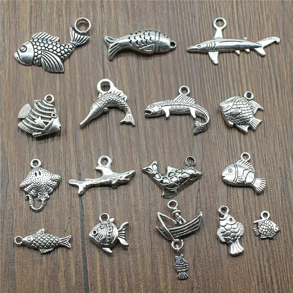 20 sztuk / partia Fish Charms Antique Silver Color Tropical Fish Charms Zawieszki do bransoletek Fish Charms Making Jewelry