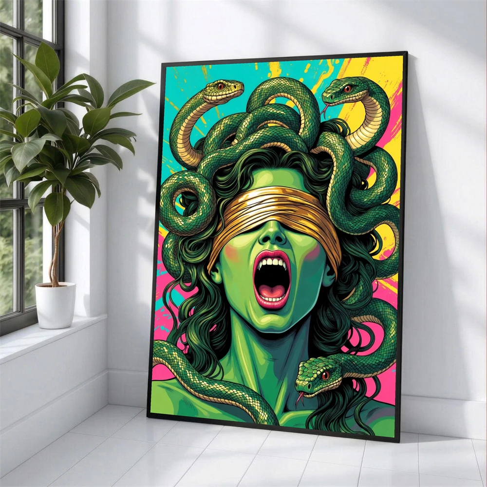 Zeitgenössisches Medusa-Porträt Leinwandgemälde Mythologische Schlangenhaar-Wandkunst Drucke Kräftige Farbenfrohe Heimdekoration Moderne Fantasy-Kunst