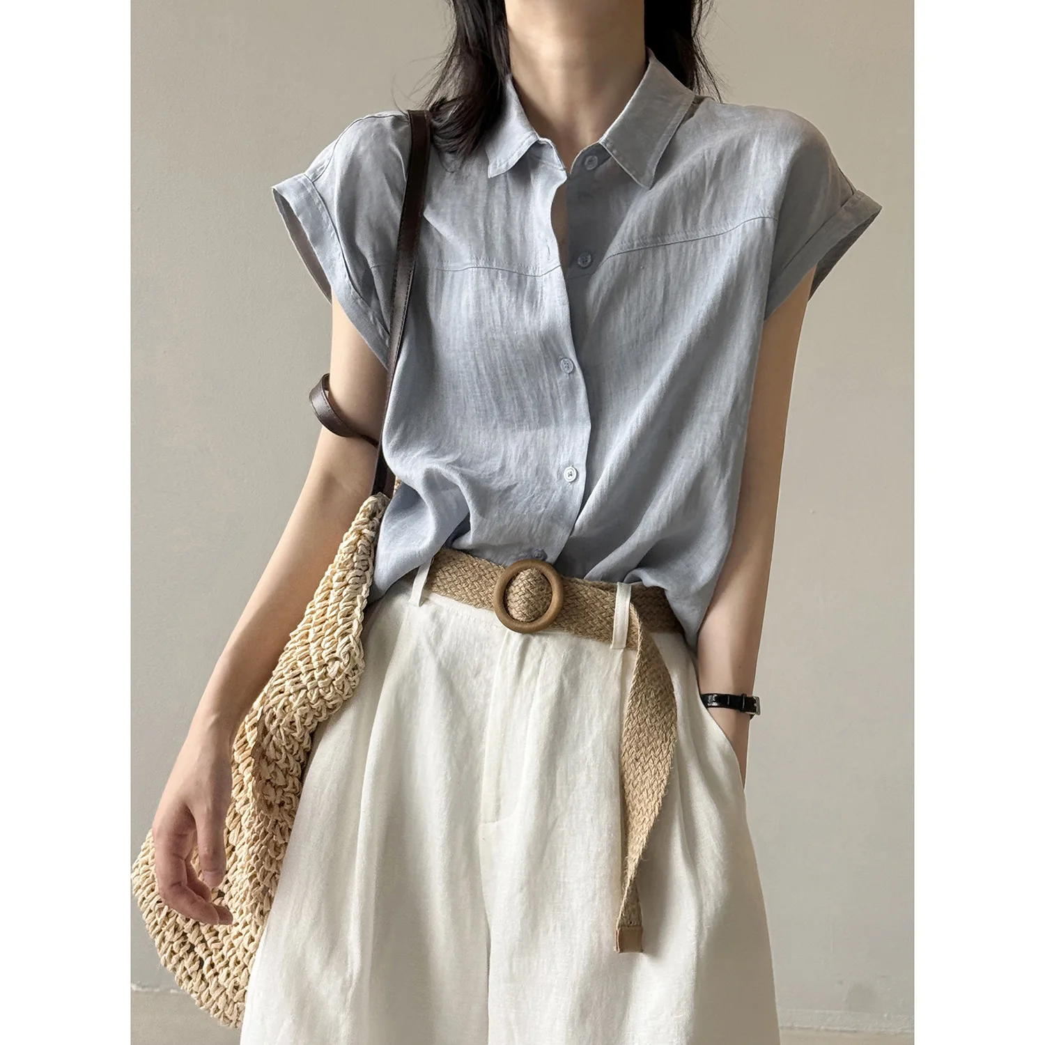 

Women's Summer Solid Loose Slimming Chic Small Shirt Korean Pure Linen Flying Sleeve Shirt Chic Solid Color Lapel Button Shirt