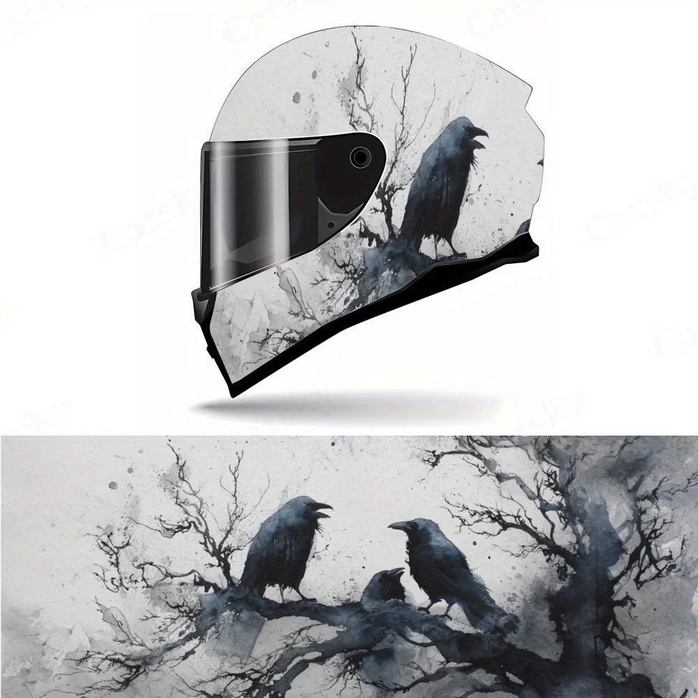 Ink Wash Raven Art Mystic Crows on Withered Branches Full Helmet Wrap Sticker Motorcycle Helmet Racing Graphic Decal PVC Self Wa
