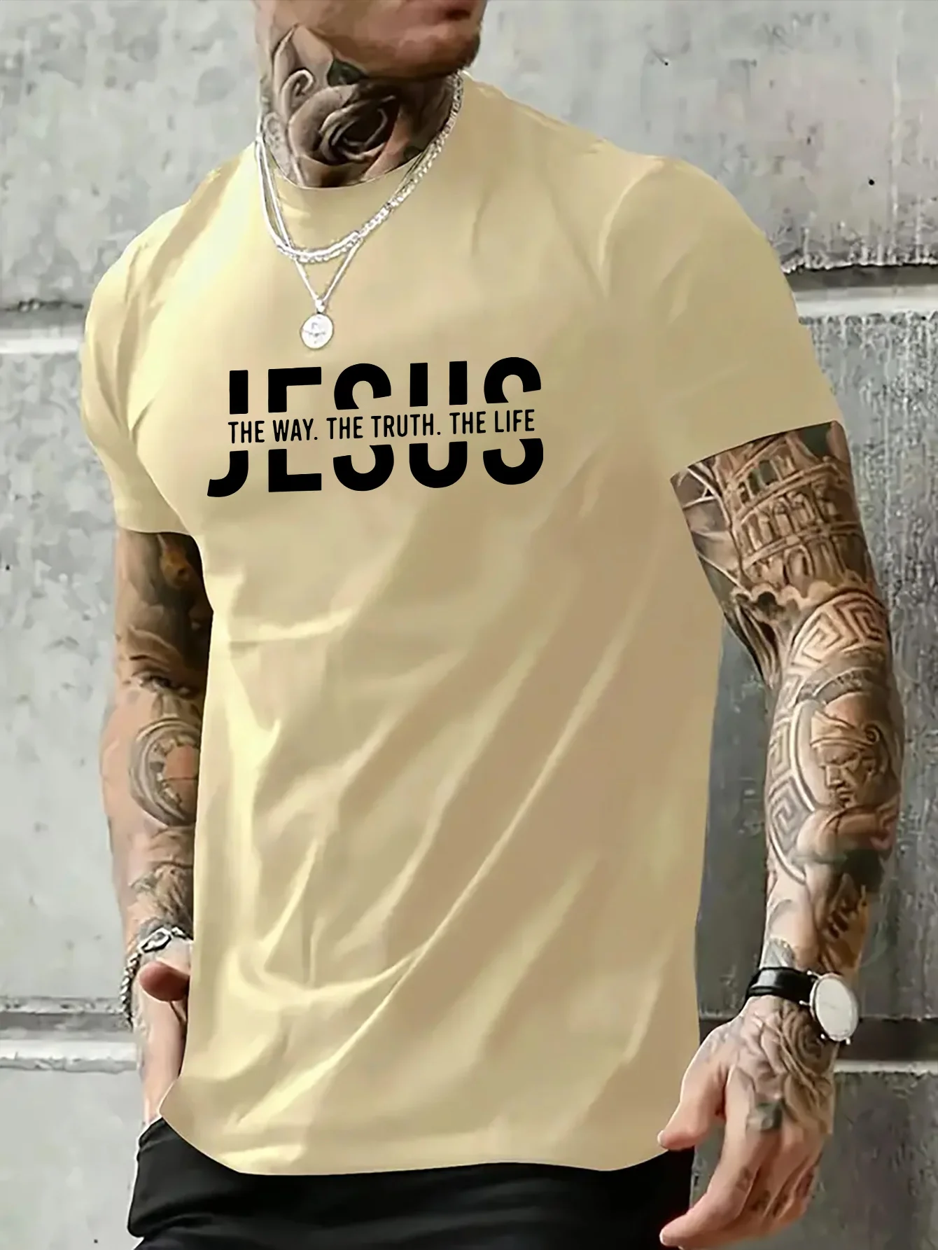 Summer men's 100% pure cotton casual loose fit Jesus Way truth life letter printed round neck short sleeved T-shirt top image 3