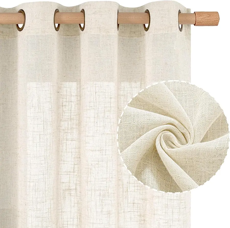 

Natural I ory Linen Semi Sheer Curtains 84 inch Length, Cream Light Filtering Soft Thick Neutral Li ing Room Drapes with Bronze