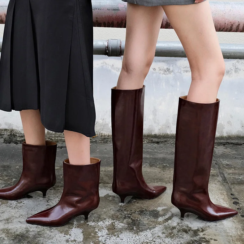 Kitten Heel Temperament Fashion Boots for Women 2025 New Red Wide Version Large Tube Circumference Mid Tube Short Boots
