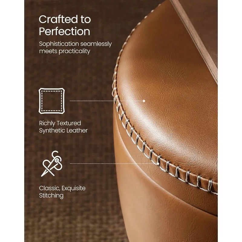 مسند تخزين، مقعد كرسي الغرور، جلد صناعي مع خياطة، حديث في منتصف القرن، مقعد تخزين دائري بأرجل فولاذية