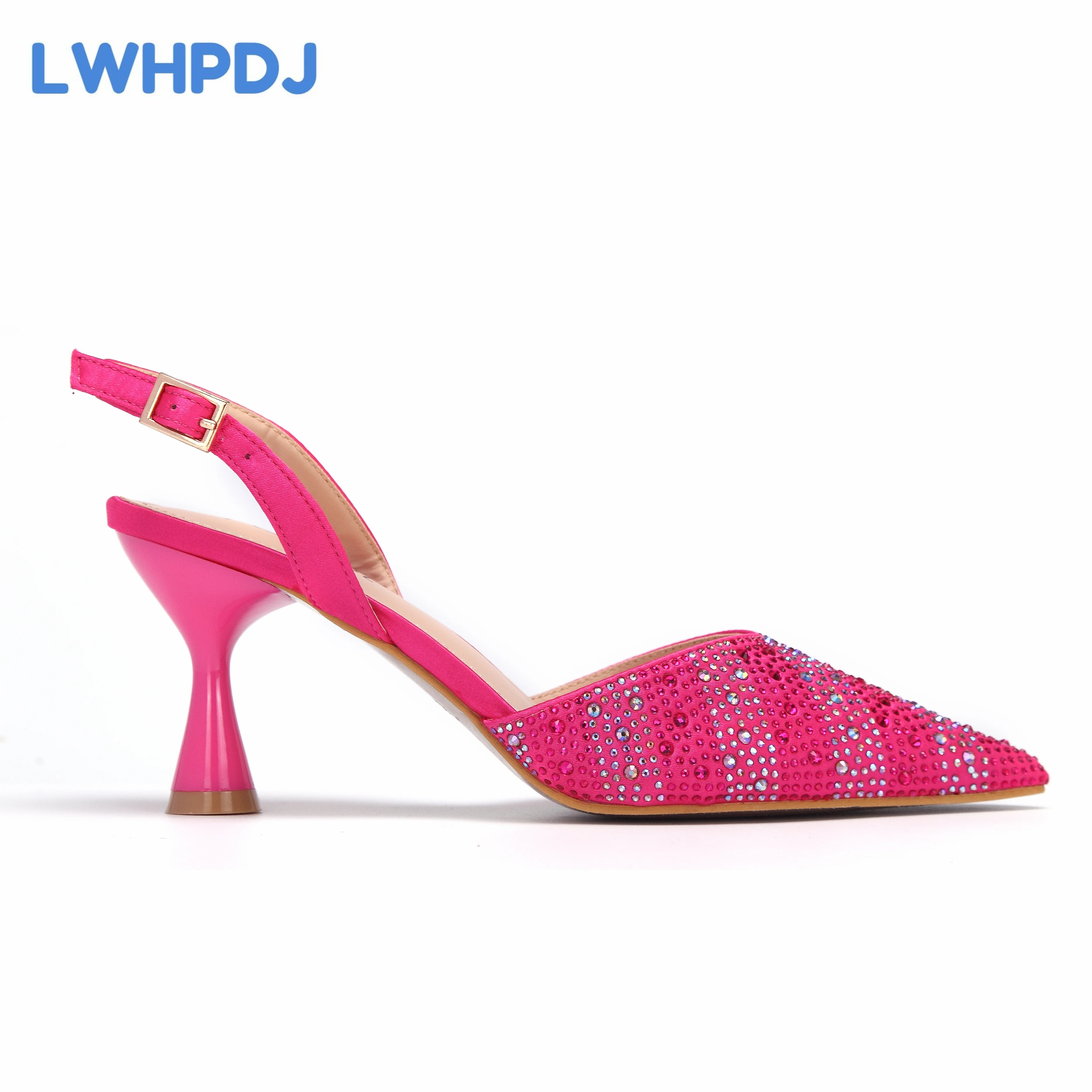 Women High Heels Sandals Shinning Material with Rhinestone Italian Design Fuchsia Color Pointed Toe Shoes and Bags Set